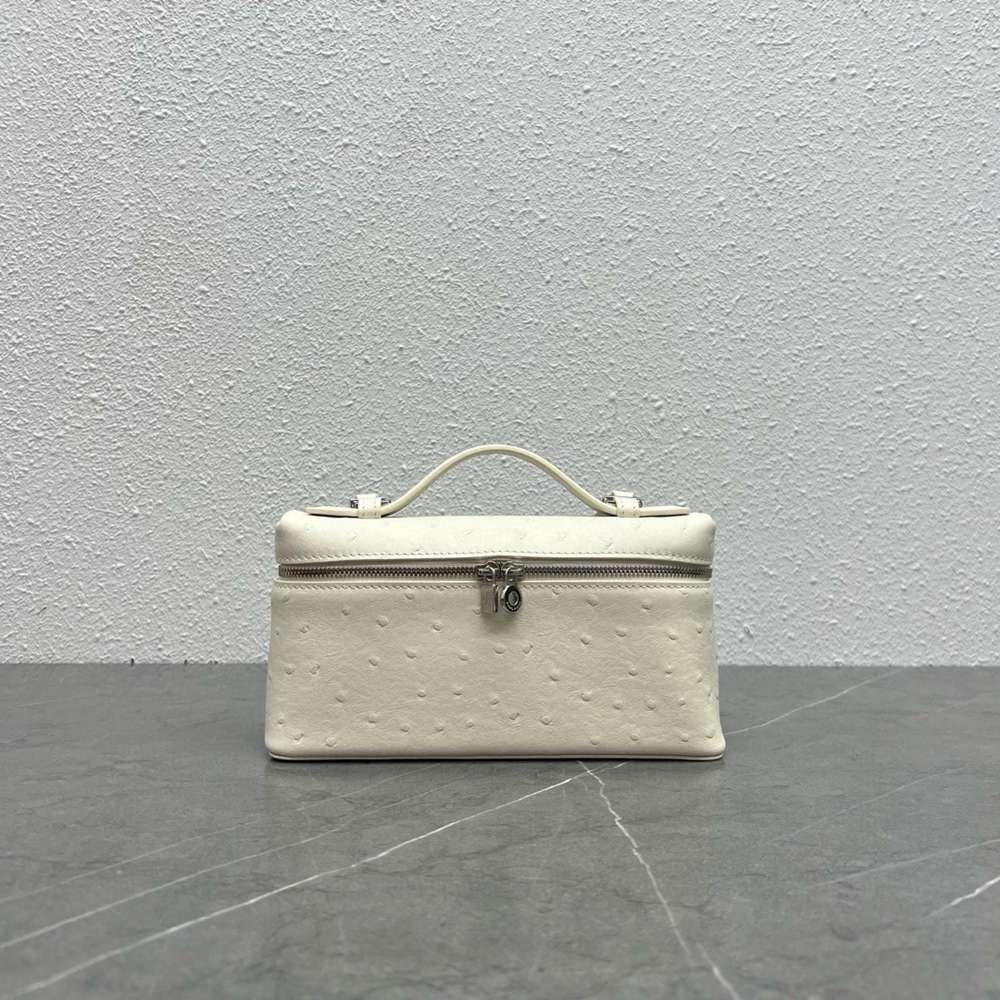 Loro Piana Extra Pocket Pouch L19 in White Ostrich-embossed Leather IAMBS241910 Outlet Sales